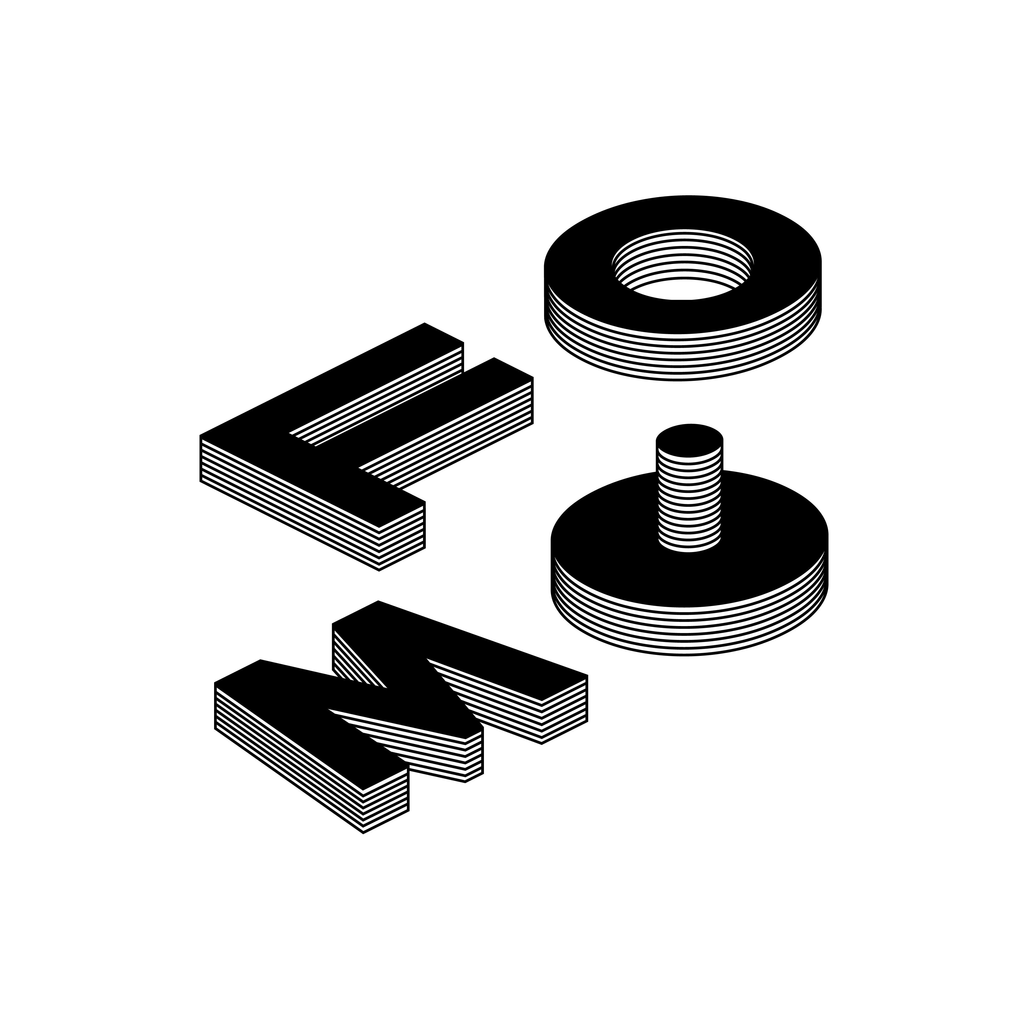 FOMO in isometric 3D, each letter built from thin stacked layers. The first O is a ring, the second a disc with a peg standing up from its center.