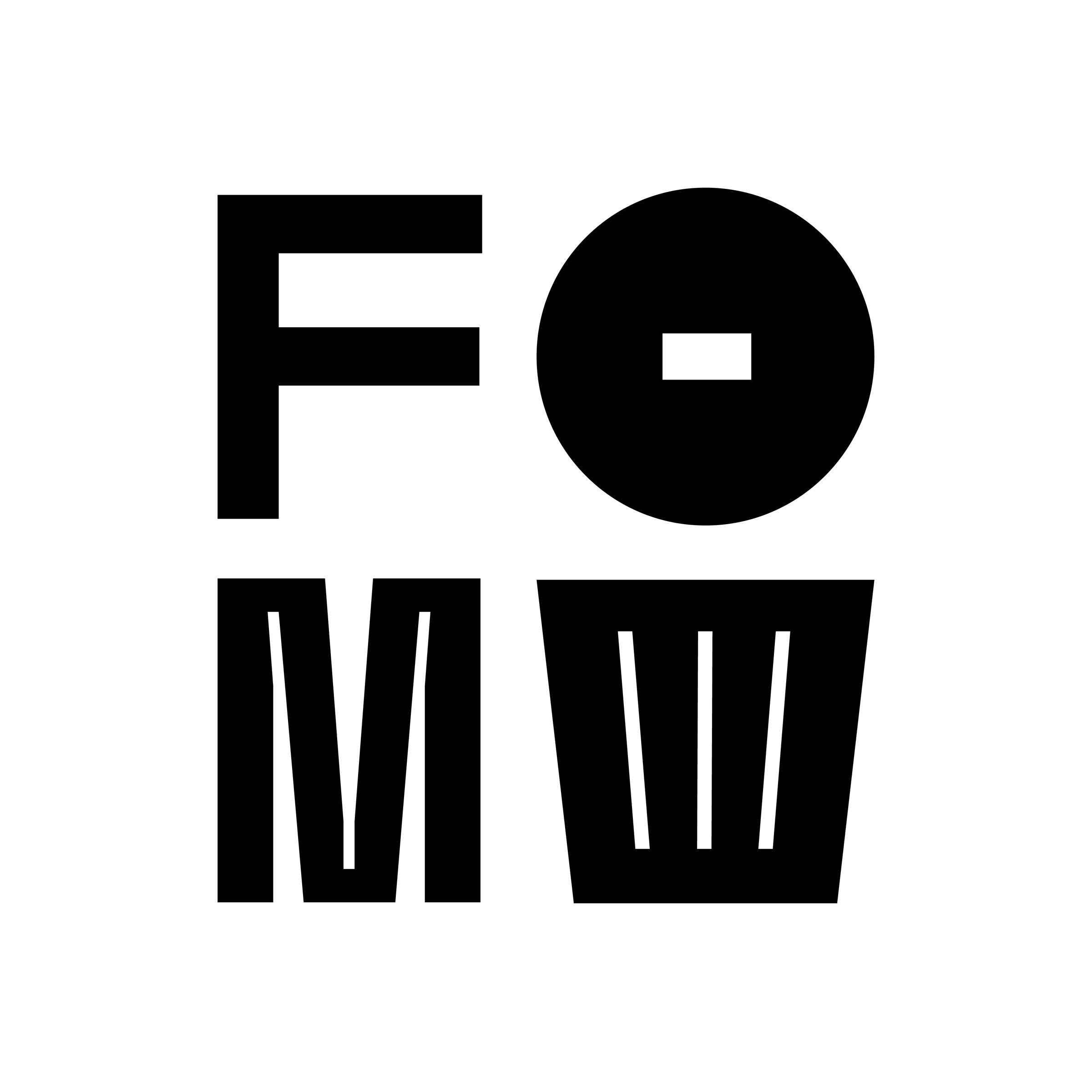 FOMO in heavy, flat black shapes on a two-by-two grid: an F, a solid circle with a small white bar across its middle, an M drawn with thin white cuts, and a tapered block with three white slits, like a bin.