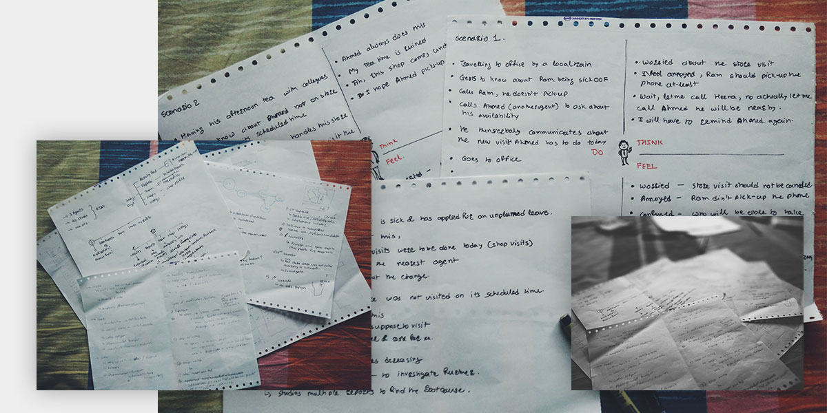 User research notes, scenario journey maps, and field visit edge-cases explored on paper