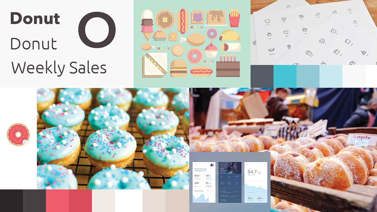 Visual mood board featuring pastry palettes, typography, and turquoise color accents
