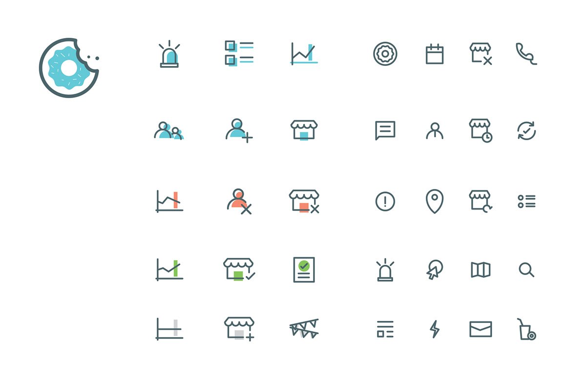 Iconography design system showing category and state-specific iconography variations