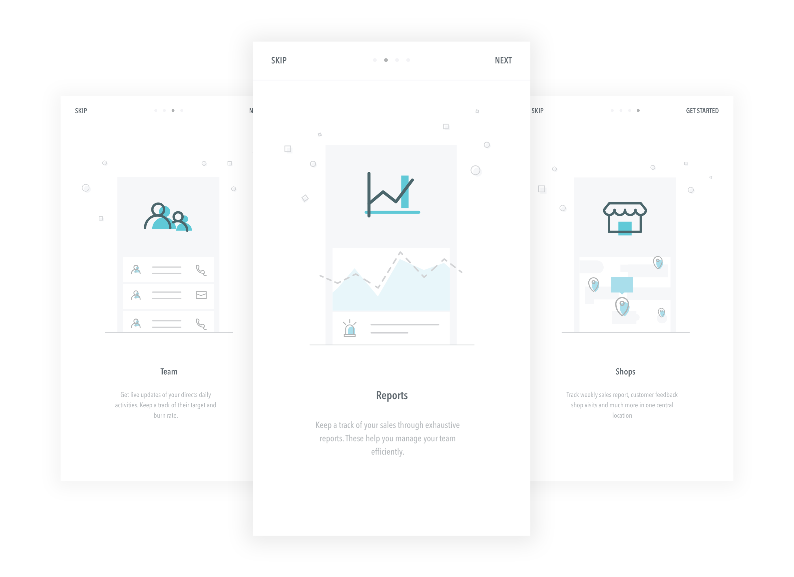 First-run onboarding walkthrough screens: Team, Activity Feed, Reports, and Shops