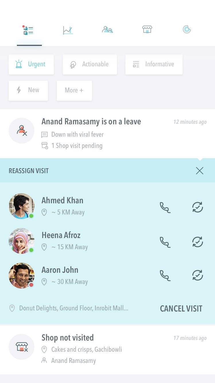 Contextual action sheet allowing instant reassignment of a store visit to nearby agents