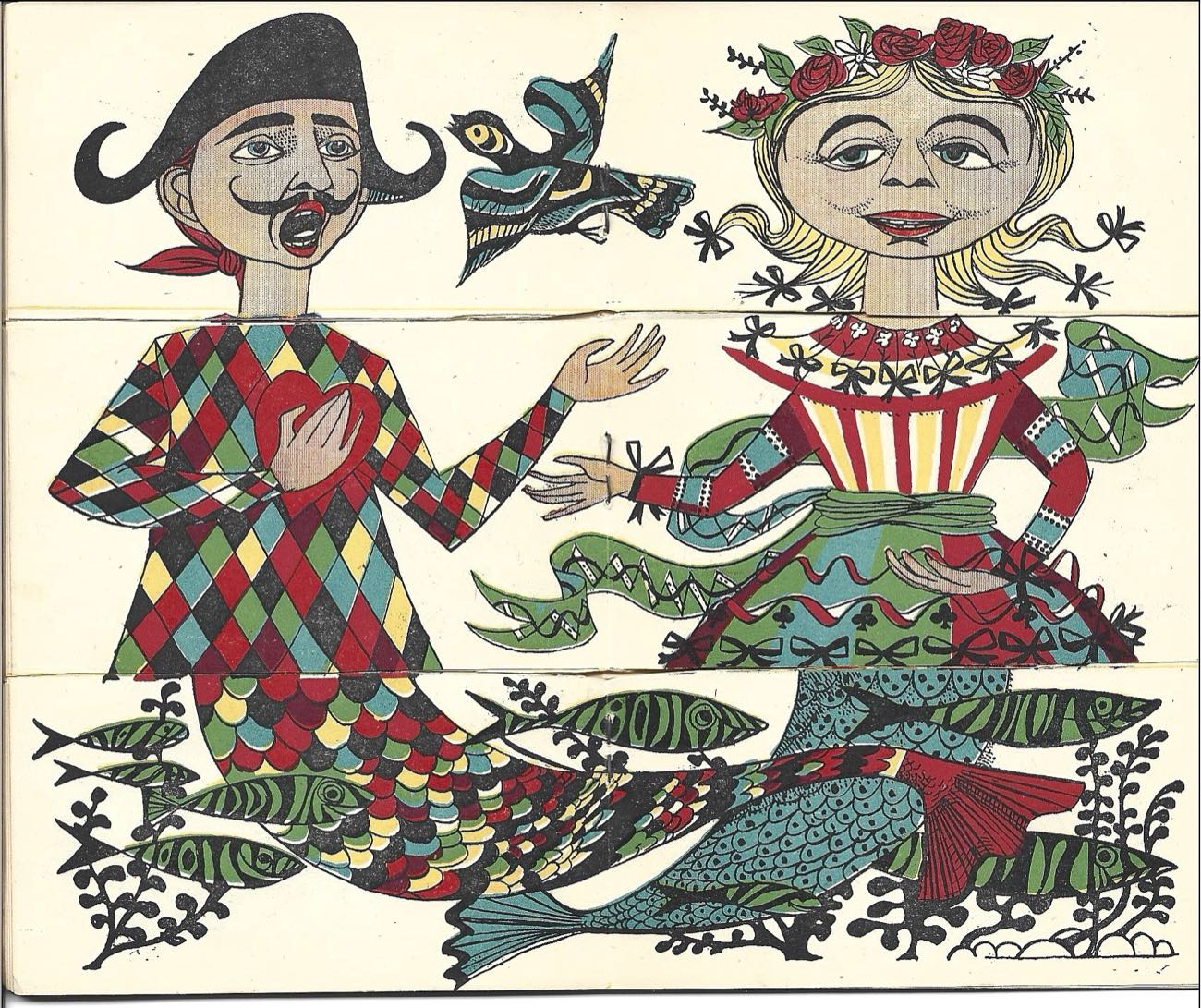 The center spread: a moustached harlequin and a woman crowned with roses, both in patterned bodies that end in fish tails, swimming through a shoal that runs straight across the fold.