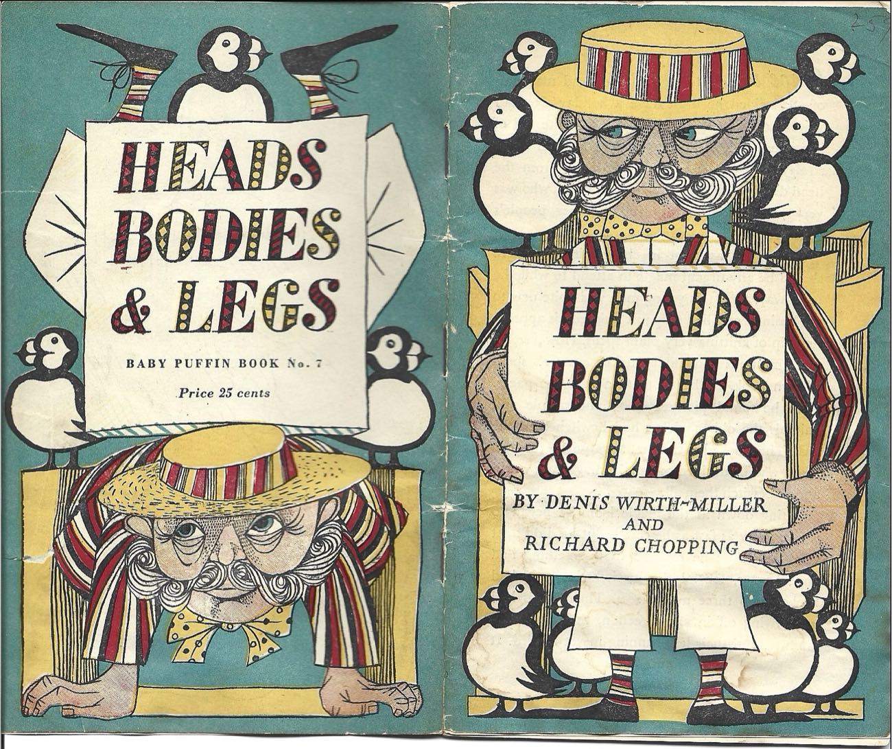 The cover of Heads, Bodies & Legs: a bearded man in a straw hat holding a sign with the title, surrounded by puffins, printed in teal, red and yellow.