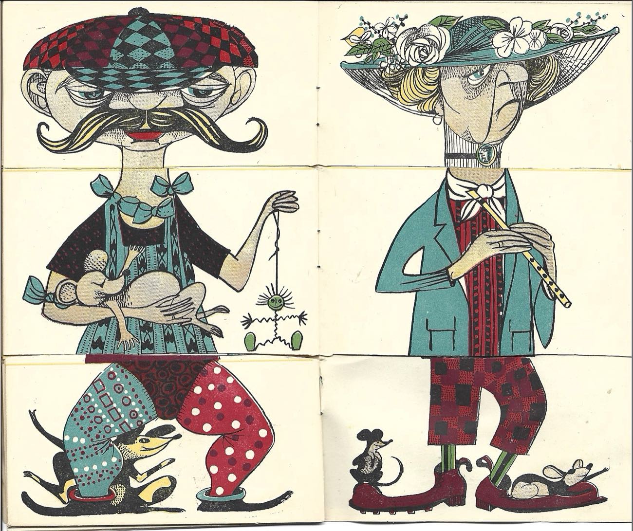 A spread cut into three strips: two characters, each a head, a body and a pair of legs, one holding a doll on a string and one playing a flute.