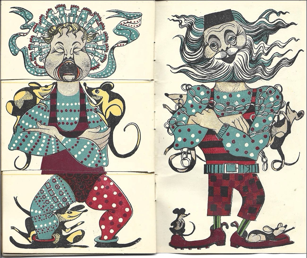 Another spread of the same three strips, flipped to new combinations: a singer in a ruff and a bearded man in a fez, both over the same polka-dot bodies and checked legs.