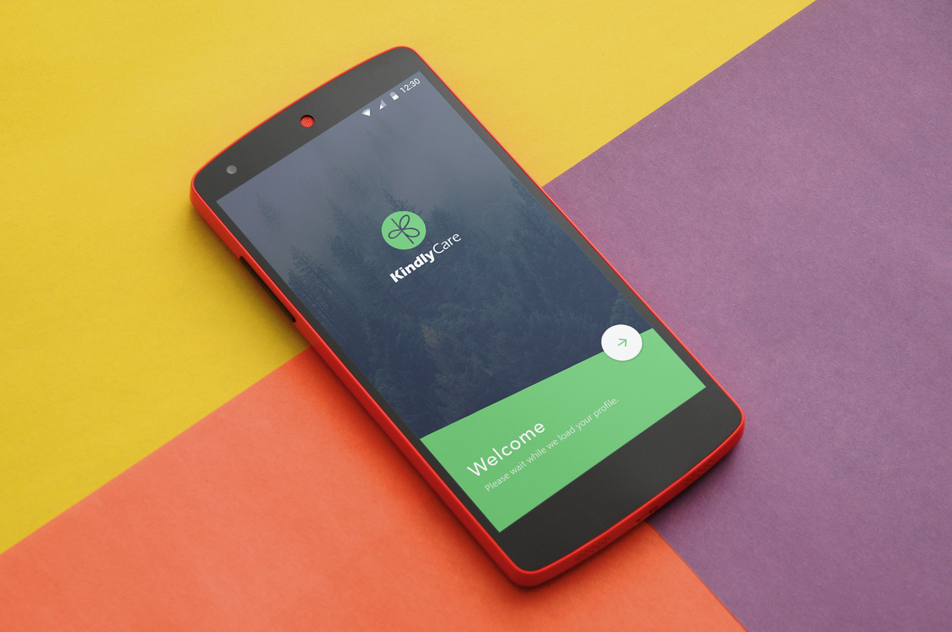KindlyCare Android application on a physical Nexus 5 device mockup