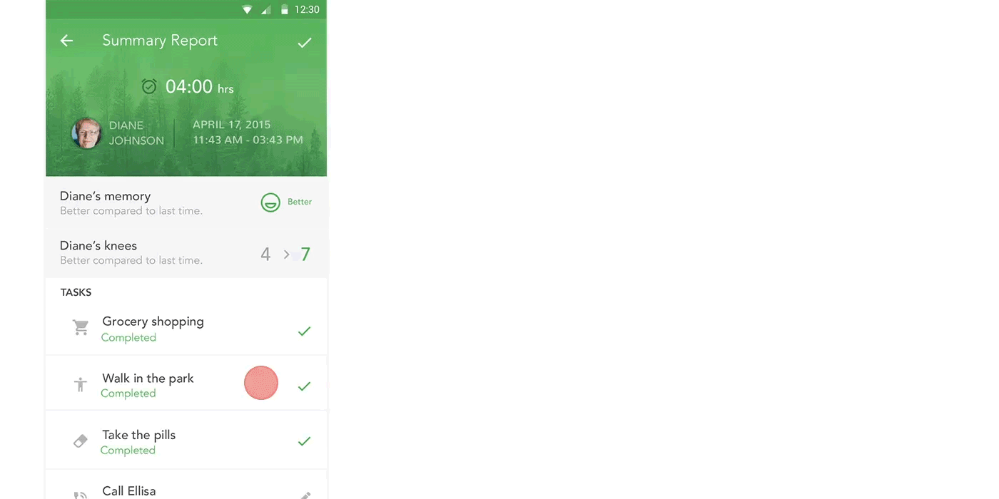 Animated prototype showing summary report completion and metric slider adjustments