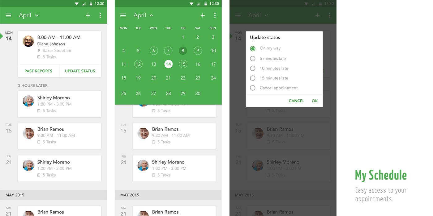 Schedule screens showing upcoming appointments list, month calendar dropdown, and status update dialog