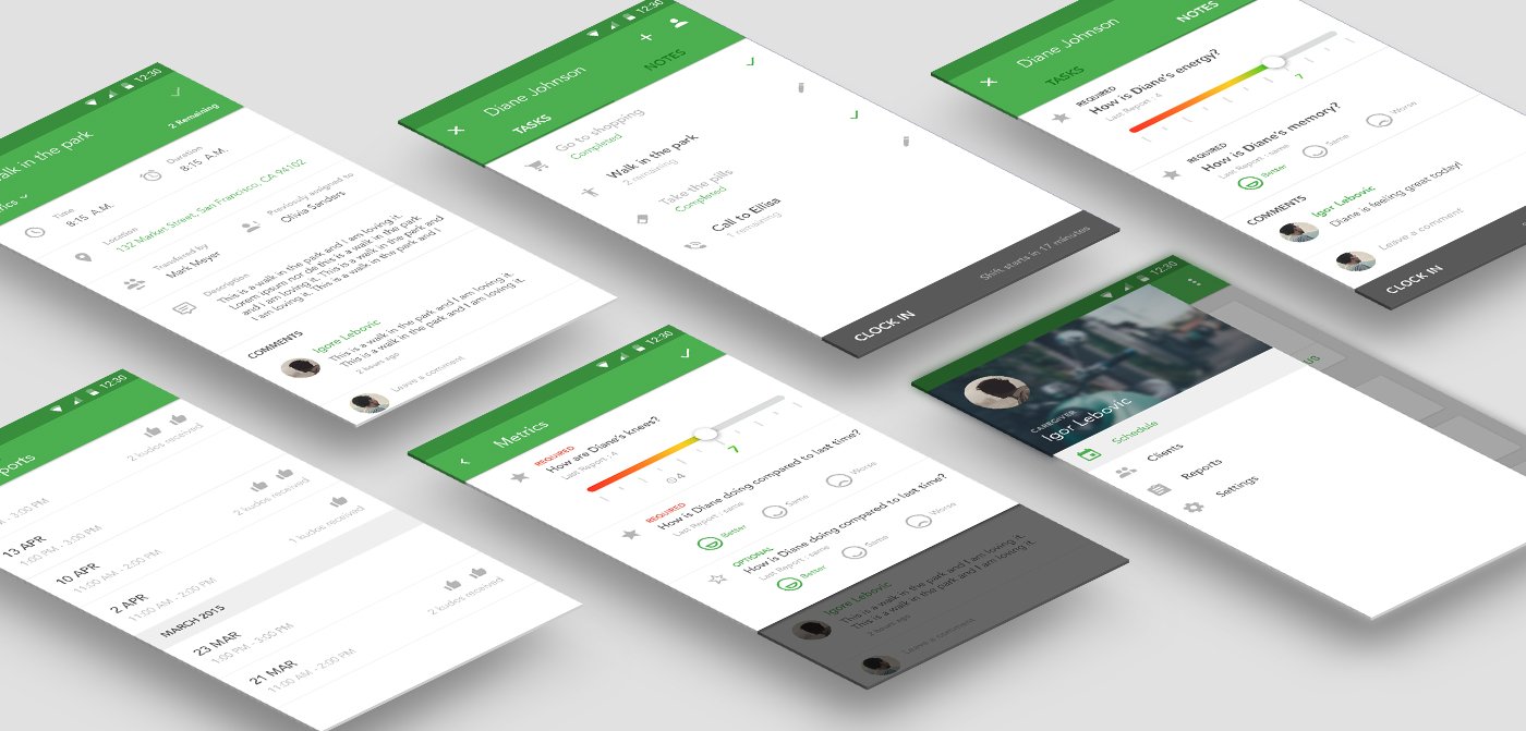 Isometric perspective showcase of KindlyCare Android mobile screens