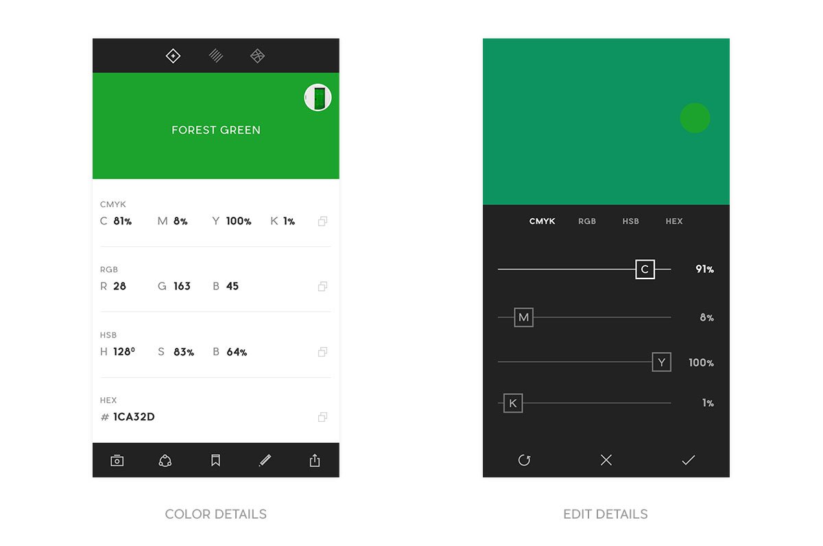 Color details, CMYK, RGB, HSB, Hex and Adobe CC library