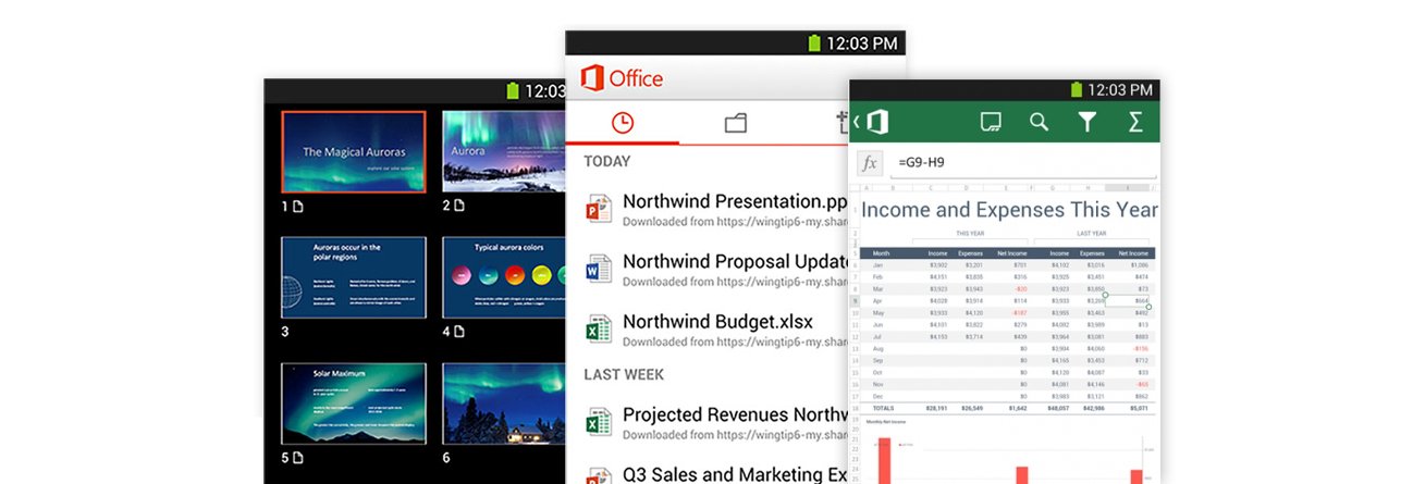 Existing Office Android interface showing PowerPoint slide sorter, document hub, and Excel spreadsheet