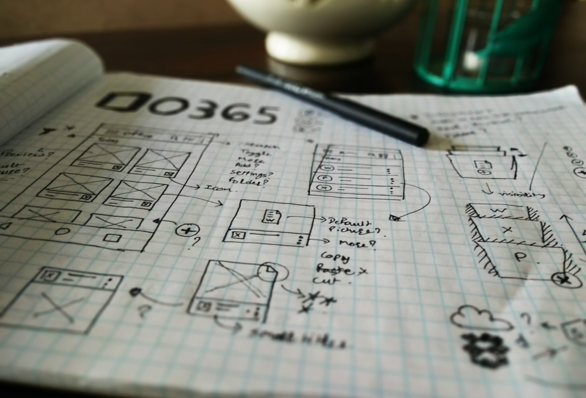Notebook sketches exploring mobile document grid layouts and gesture interactions