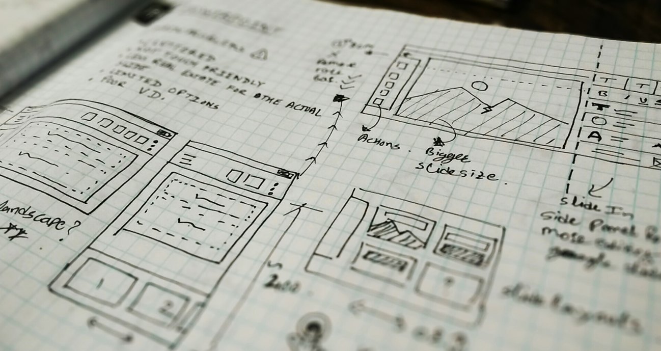 Detailed wireframe sketches for PowerPoint mobile interface and slide editor