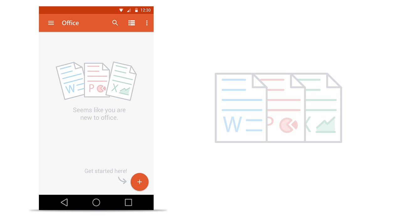 First-time user onboarding screen with friendly illustration and FAB prompt
