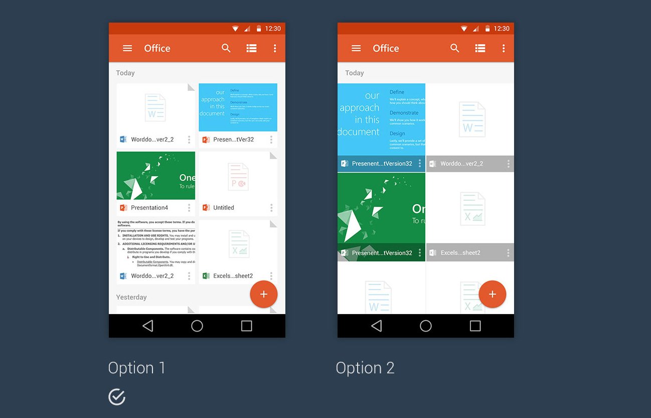 Comparison between Option 1 dog-eared paper cards and Option 2 flat grid cards