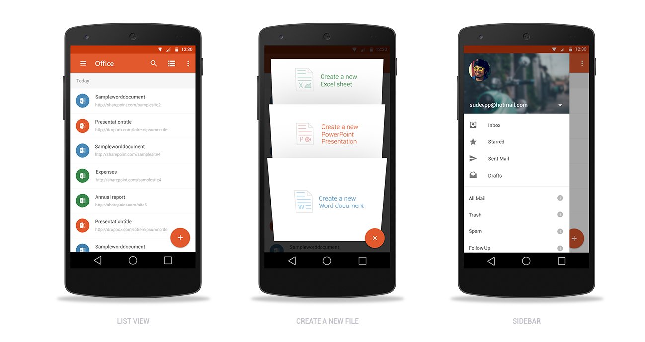 Office mobile screens showing list view, 3D file creation stack, and navigation drawer