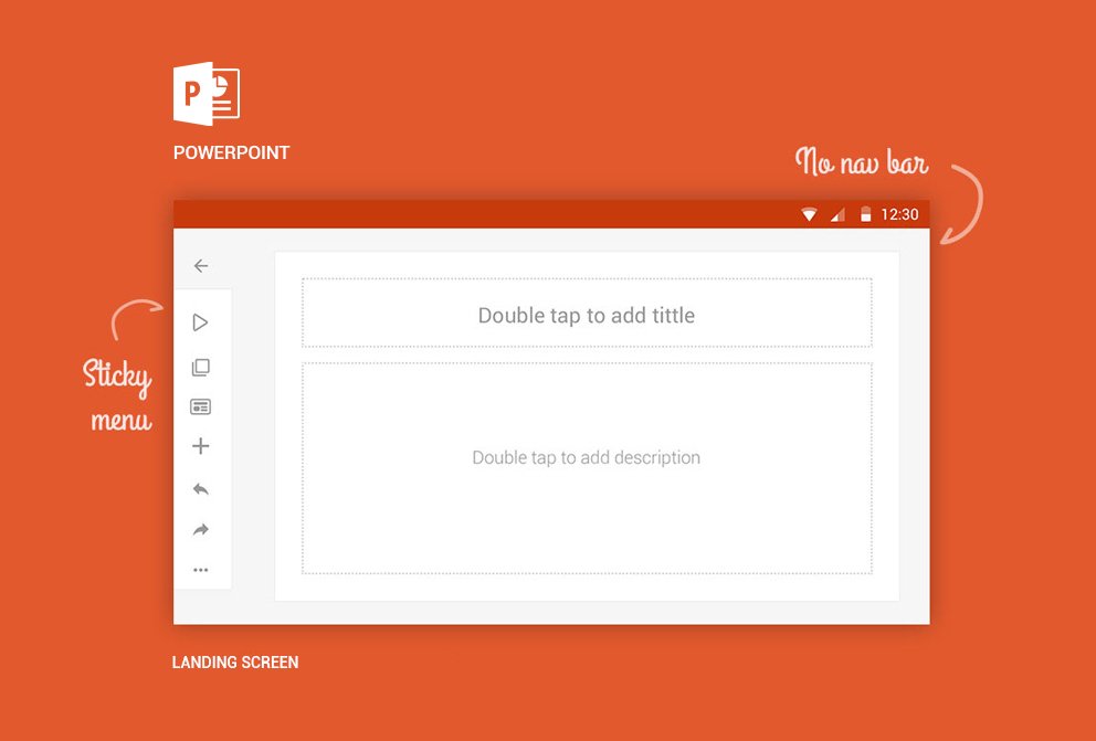 PowerPoint mobile landing screen in landscape orientation with sticky menu