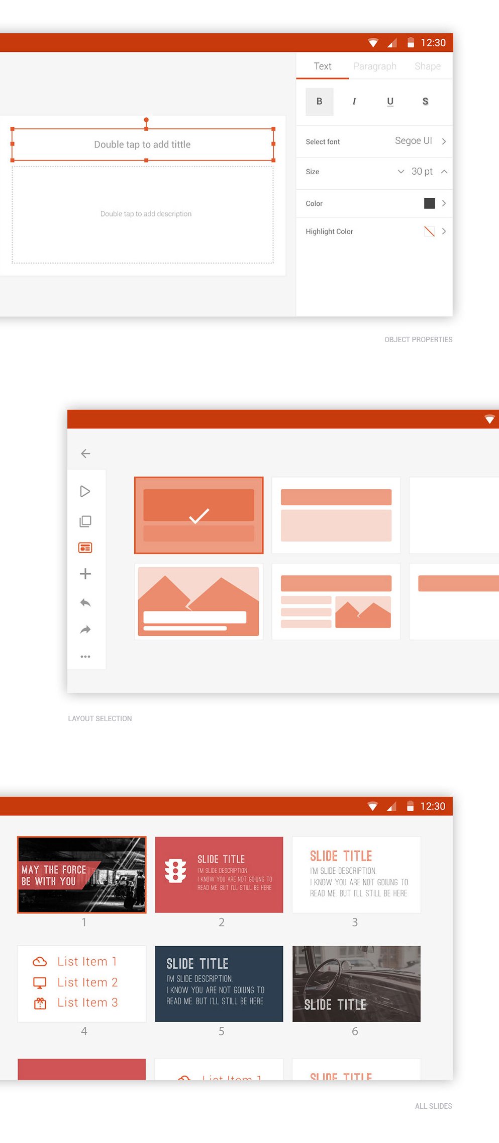 PowerPoint detailed interfaces showing formatting inspector, slide layout selector, and all slides overview