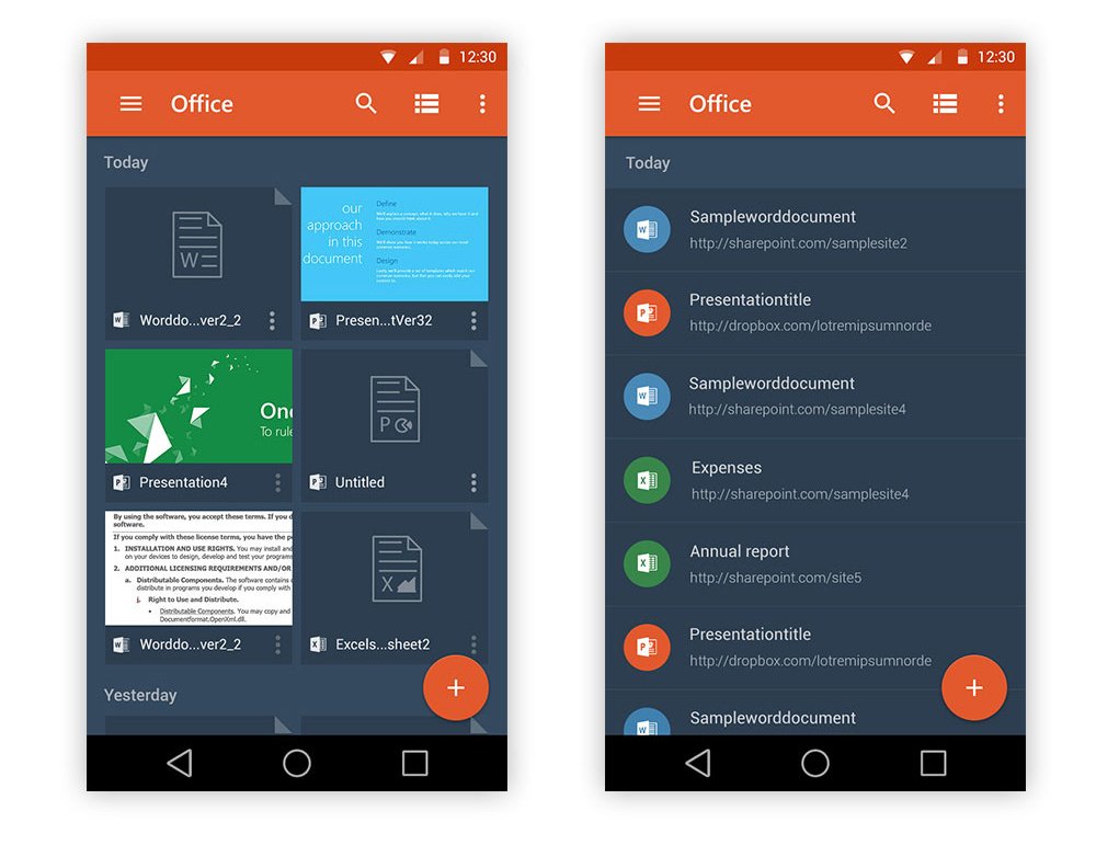 Dark theme comparison showing document thumbnail grid and list view