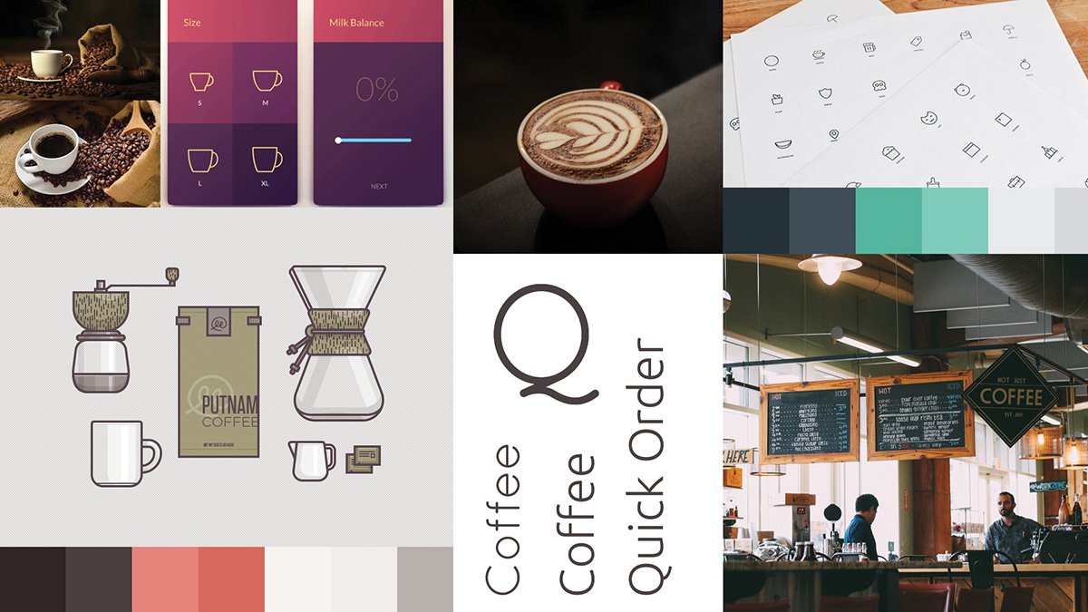 Visual design mood board featuring Costa color palette, coffee illustrations, and typography