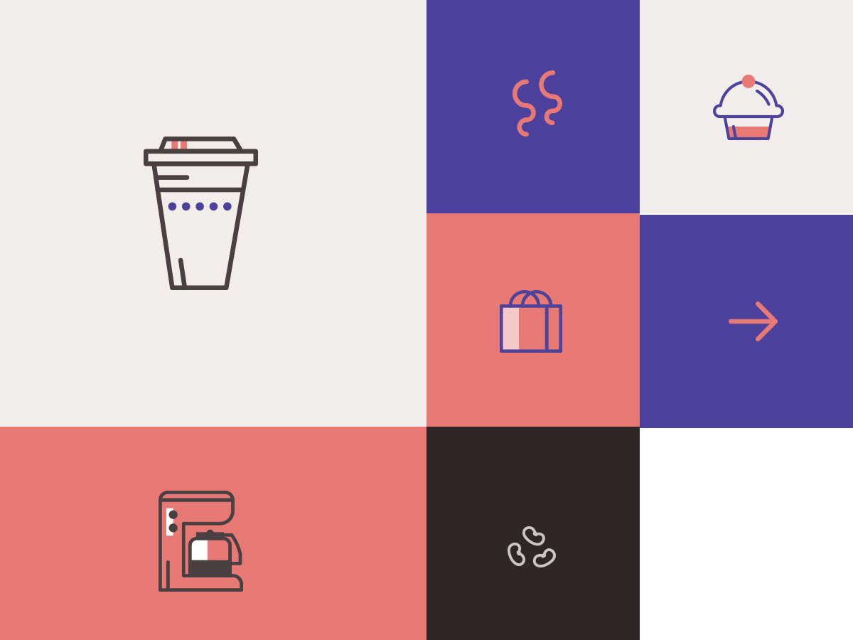 Custom iconography grid for coffee types, ingredients, and checkout actions