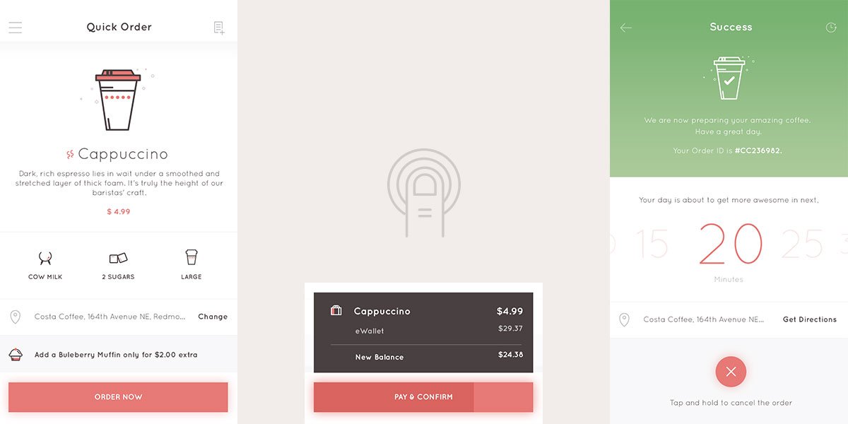 Instant Order screen sequence: product selection, long-press pay, and success countdown