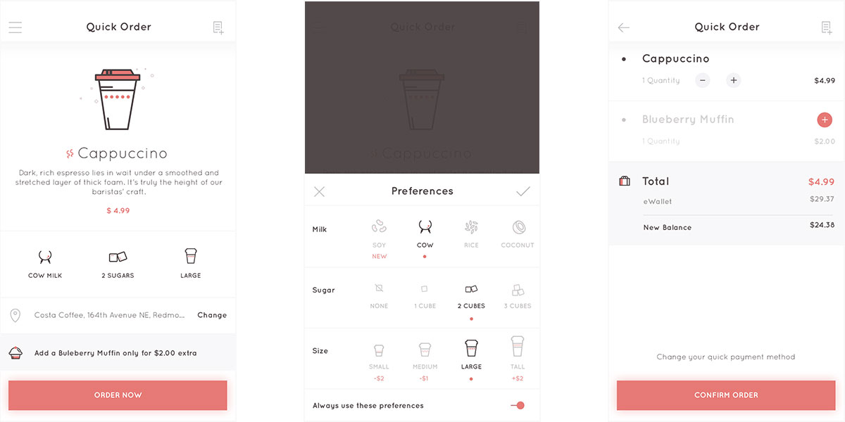 Customization screen sequence: preferences sheet for milk, sugar, size, and order confirmation