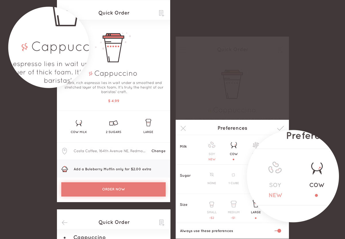 Detailed interface closeup of coffee selection and preferences sheet