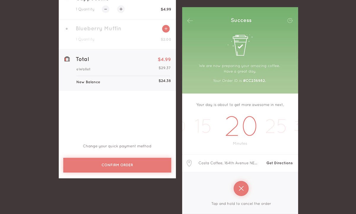 Detailed interface closeup of order confirmation and preparation timer